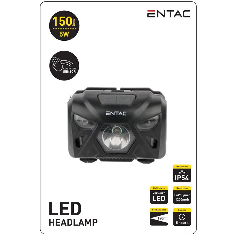 Pakraunamas žibintas ant galvos ENTAC, IP54, 5W, 150 lm, pakraunamas USB, juodos sp.-0