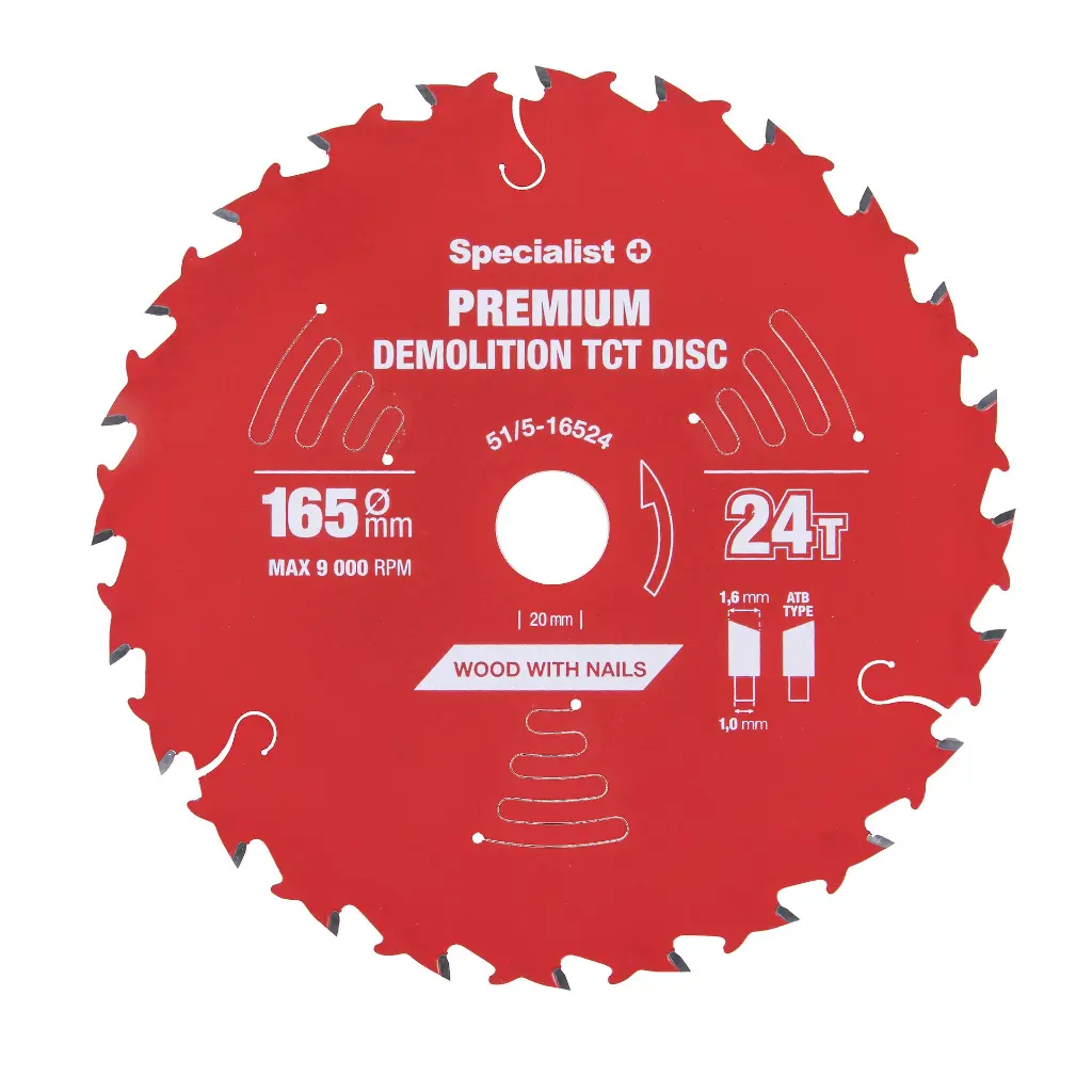 Medžio pjovimo diskas SPECIALIST+ Premium Demolition, 165 x 1,6 x 20 mm, 24 dantų, 18°, TCT-1