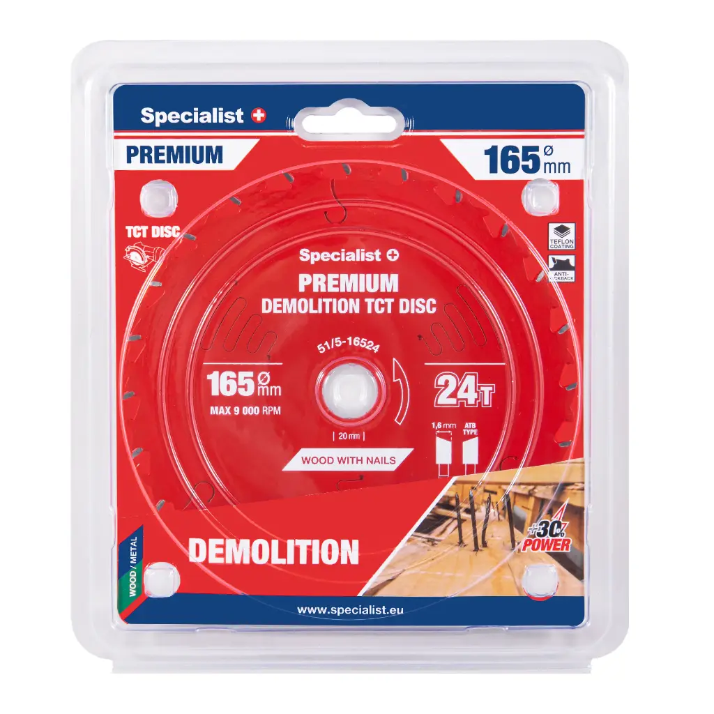 Medžio pjovimo diskas SPECIALIST+ Premium Demolition, 165 x 1,6 x 20 mm, 24 dantų, 18°, TCT-0
