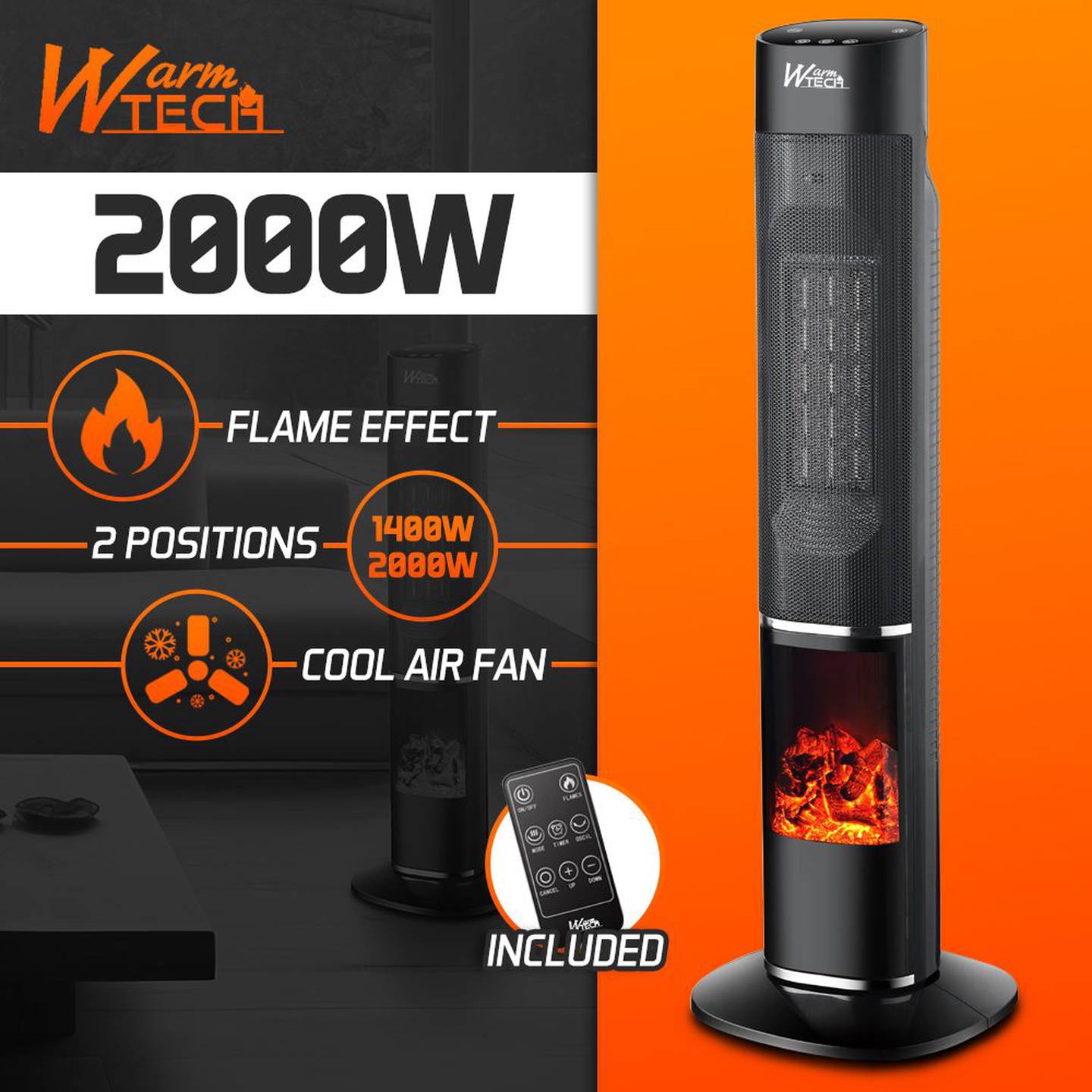 Elektrinis, keraminis šildytuvas-židinys WARM TECH WTCH2000TL-78, 2 kW, su pultu - 3