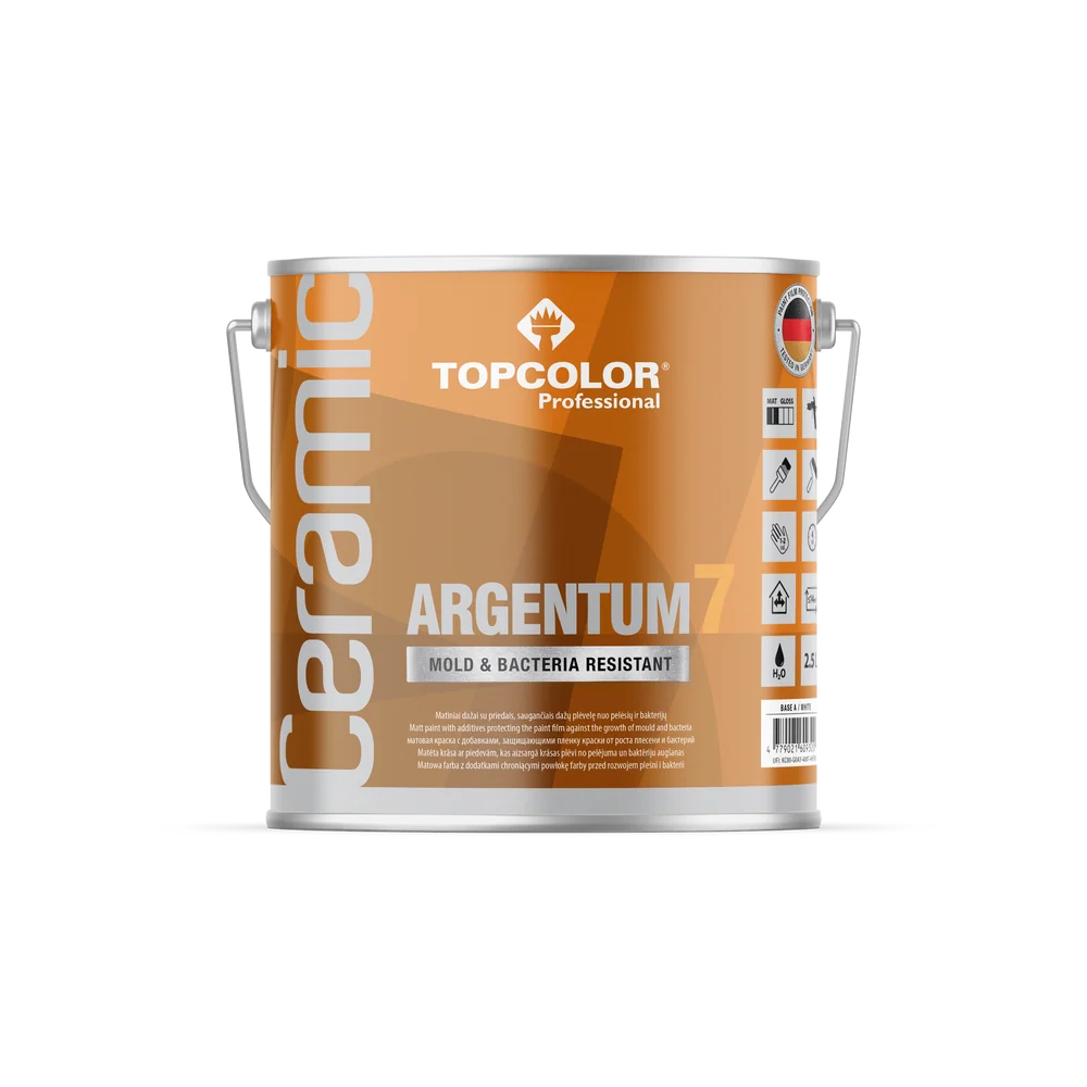 Antibakteriniai sienų dažai TOPCOLOR CERAMIC ARGENTUM 7, matiniai, baltos sp., 2.5 l