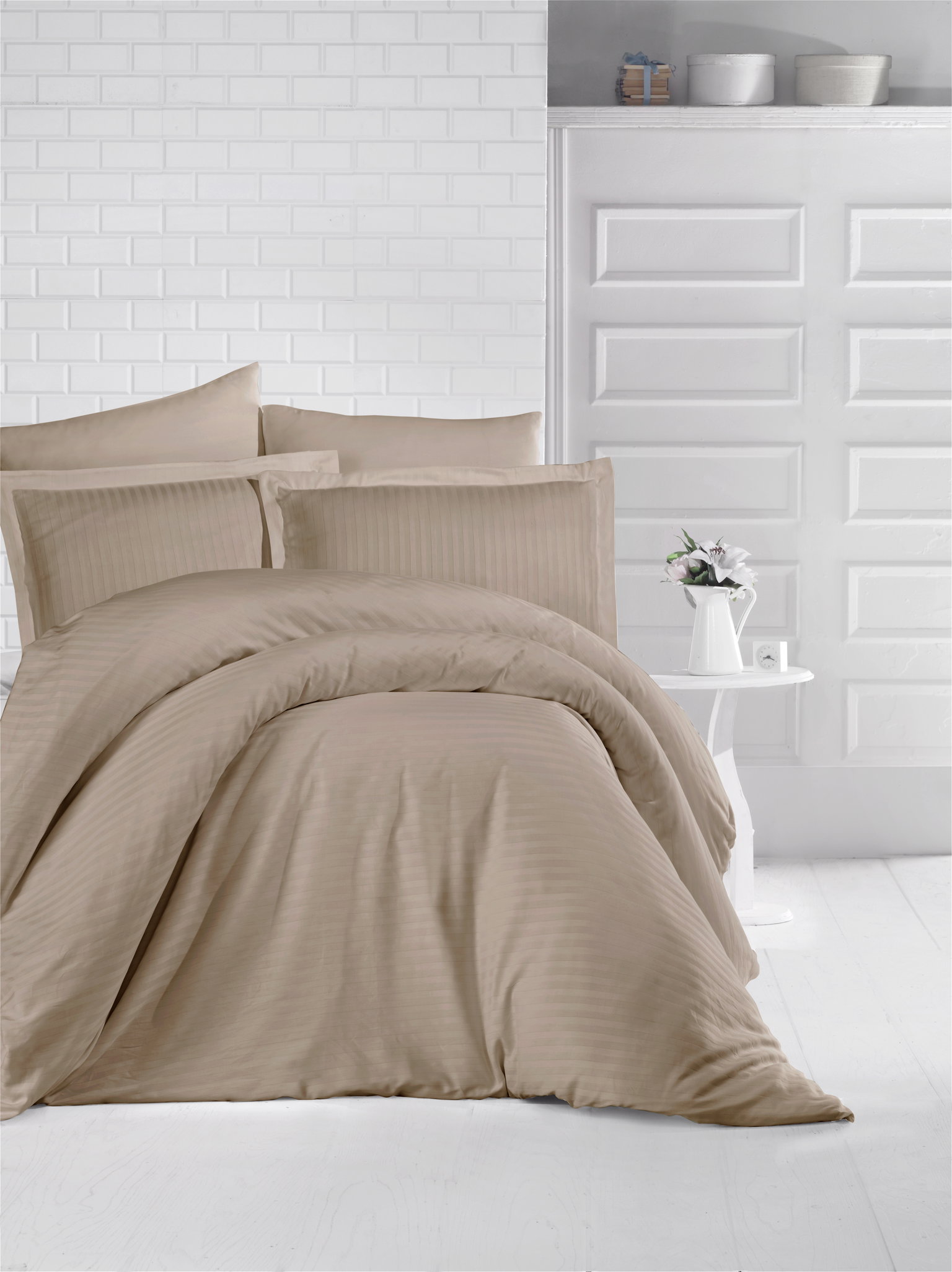 Satininės patalynės kompl. CREYA STRIPE, šv.rudos sp., 150x200cm, 2x50x70cm, 2x70x70cm,100% medv.-0