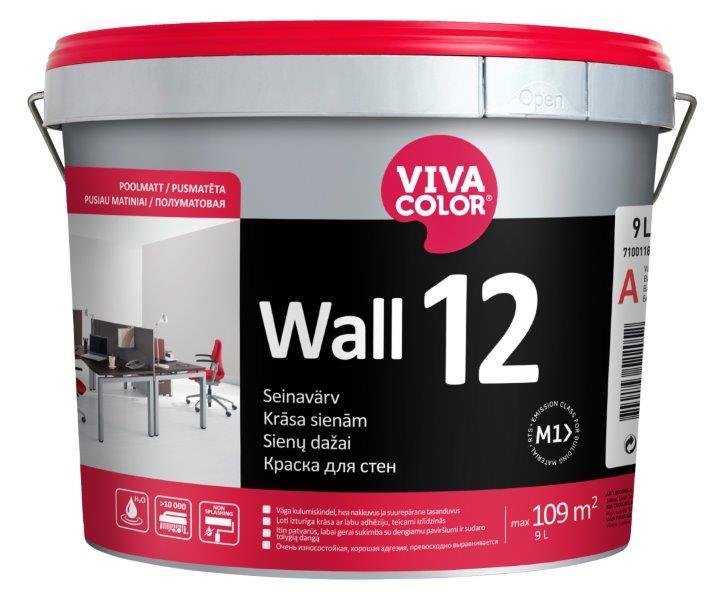 Sienų ir lubų dažai VIVACOLOR WALL 12, A bazė, pusiau matiniai, 9 l