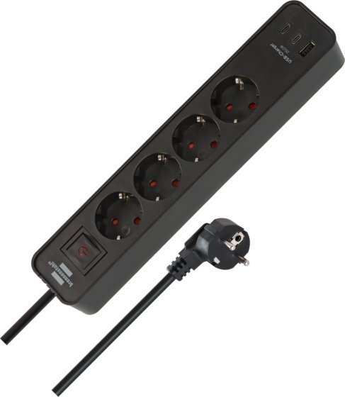 Ilgiklis BRENNENSTUHL Ecolor, 4 lizdai, 2×USB-C (20W) + USB-A, 1,5 m, juoda/antracitas-0