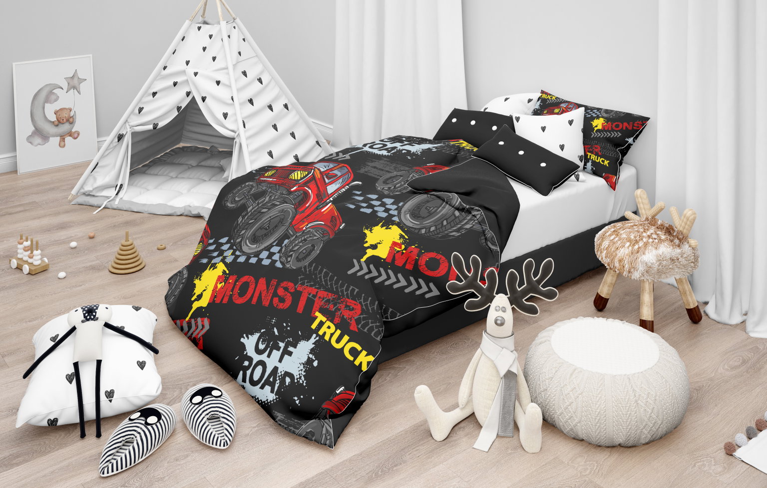 Vaikiškas patalynės komplektas CREYA MONSTER TRUCK 3D, 140 x 200 cm, 50 x 70 cm, 100% medvilnės-0