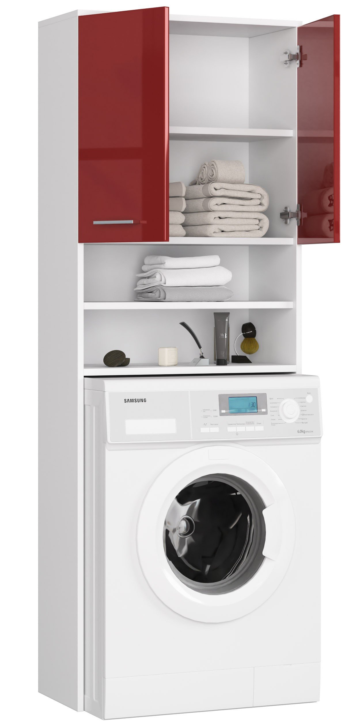 Pastatoma vonios spintelė virš skalbimo mašinos FIN 2D, 60 cm, balta/raudona blizgi - 3