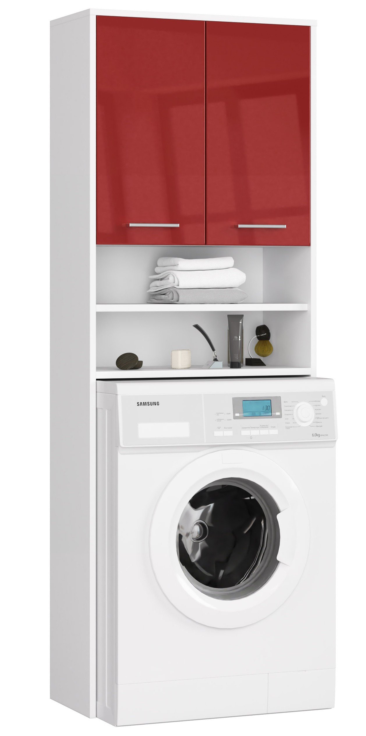 Pastatoma vonios spintelė virš skalbimo mašinos FIN 2D, 60 cm, balta/raudona blizgi