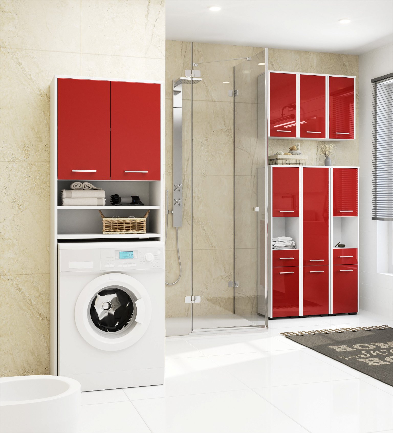 Pastatoma vonios spintelė virš skalbimo mašinos FIN 2D, 60 cm, balta/raudona blizgi - 4