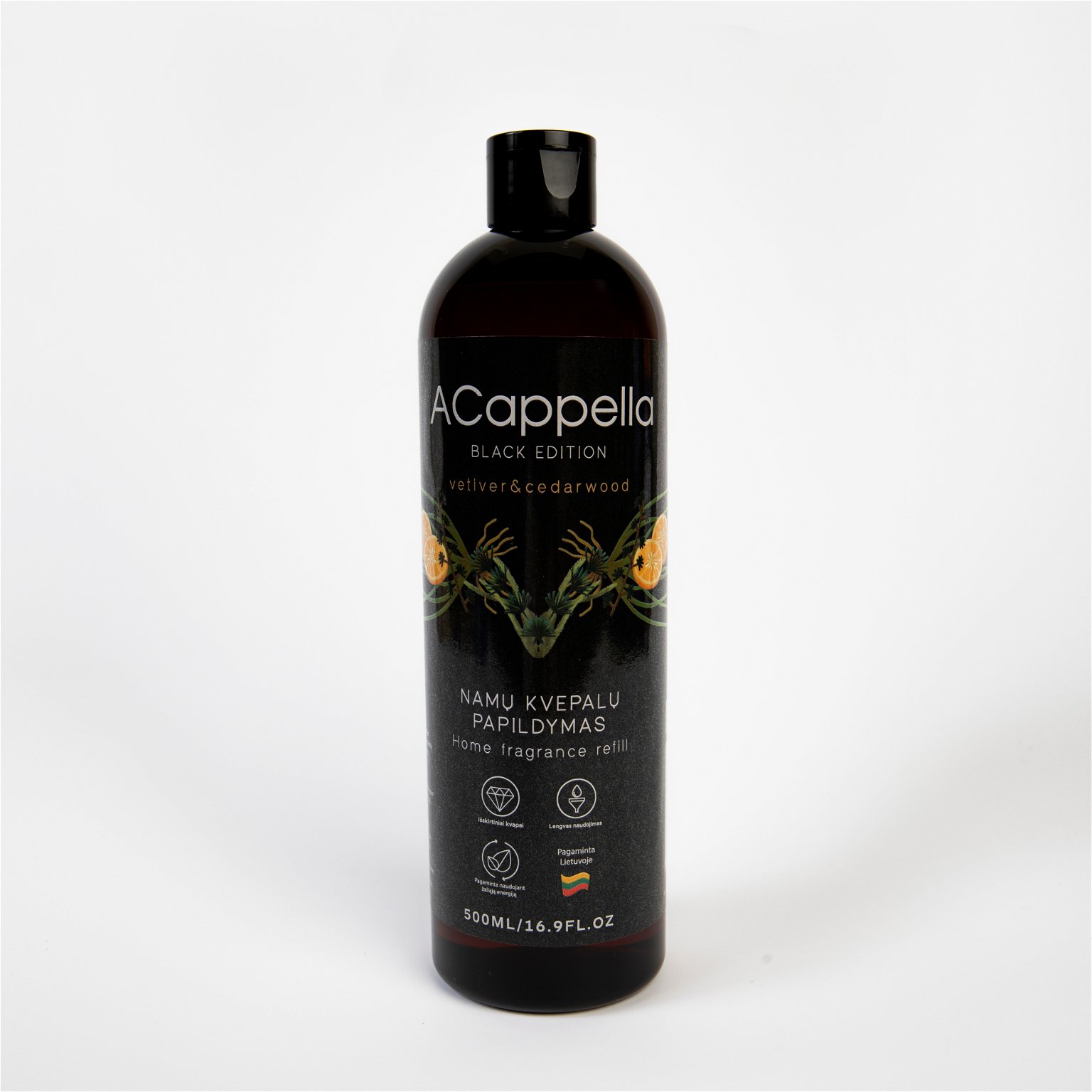 Namų kvapo papildymas ACAPPELLA Black Edition Vetiver & Cedarwood, 500 ml