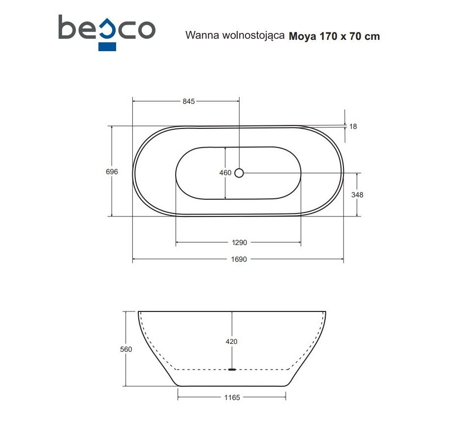 Vonia Besco Moya Matt Black&White 170, su Klik-klak Graphite valomu iš viršaus - 1