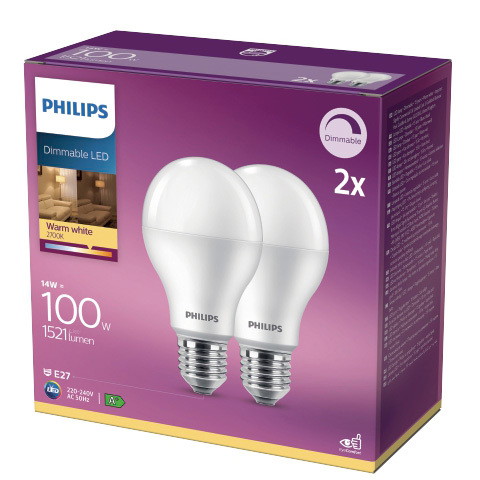 Šviesos diodų lemputė PHILIPS 13W (=100W) E27 A60 2700K 1521 lm 2vnt-0