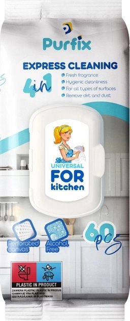 Drėgnos servetėlės virtuvės paviršiams PURFIX Kitchen 4in1, 60 vnt.-0