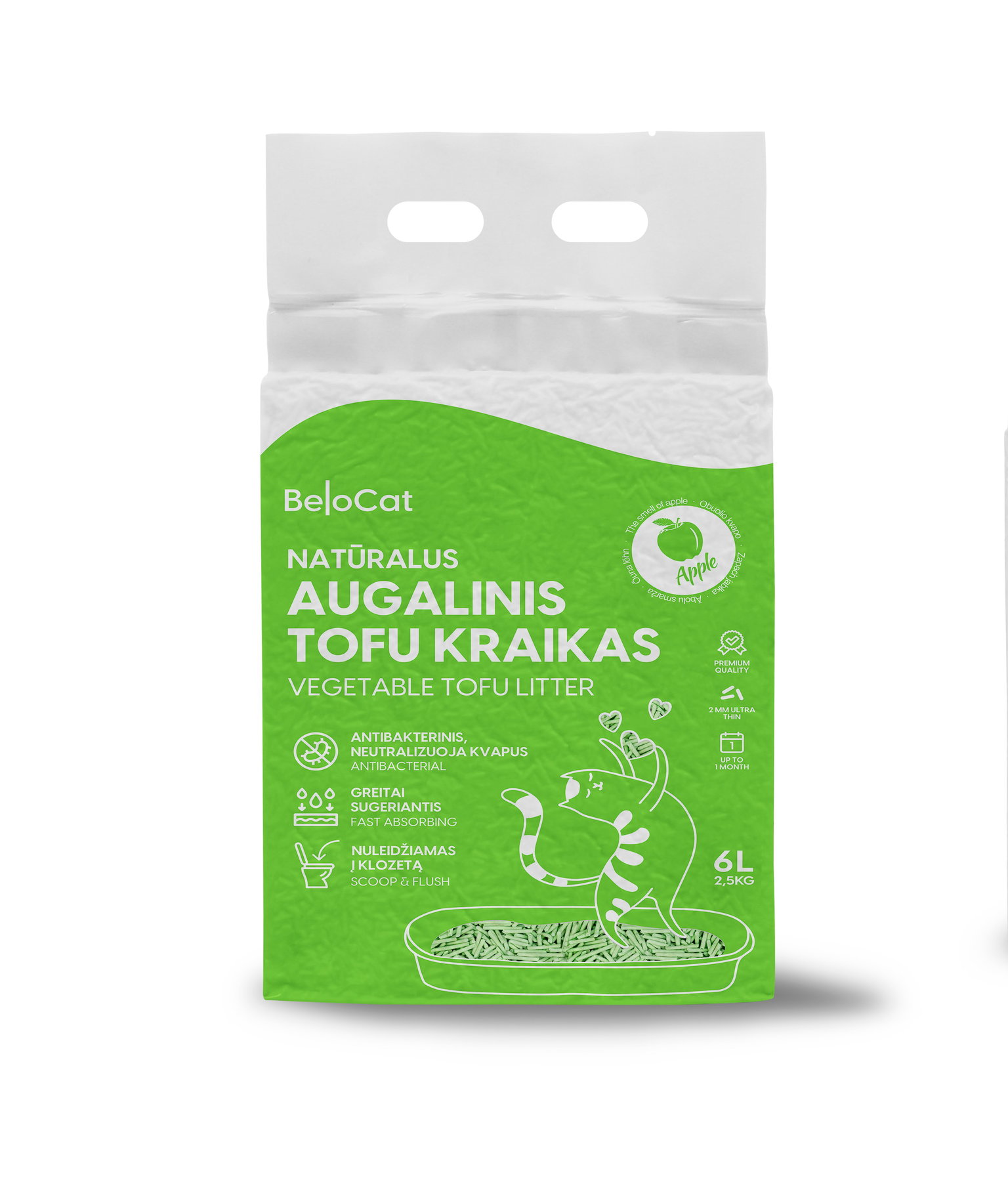 TOFU kraikas katėms BELOCAT, obuolio kvapo, 2 mm, 6 L, 2.5 kg-0