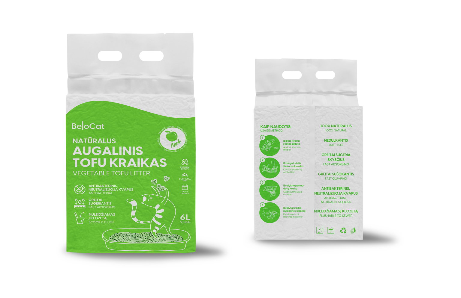 TOFU kraikas katėms BELOCAT, obuolio kvapo, 2 mm, 6 L, 2.5 kg-1