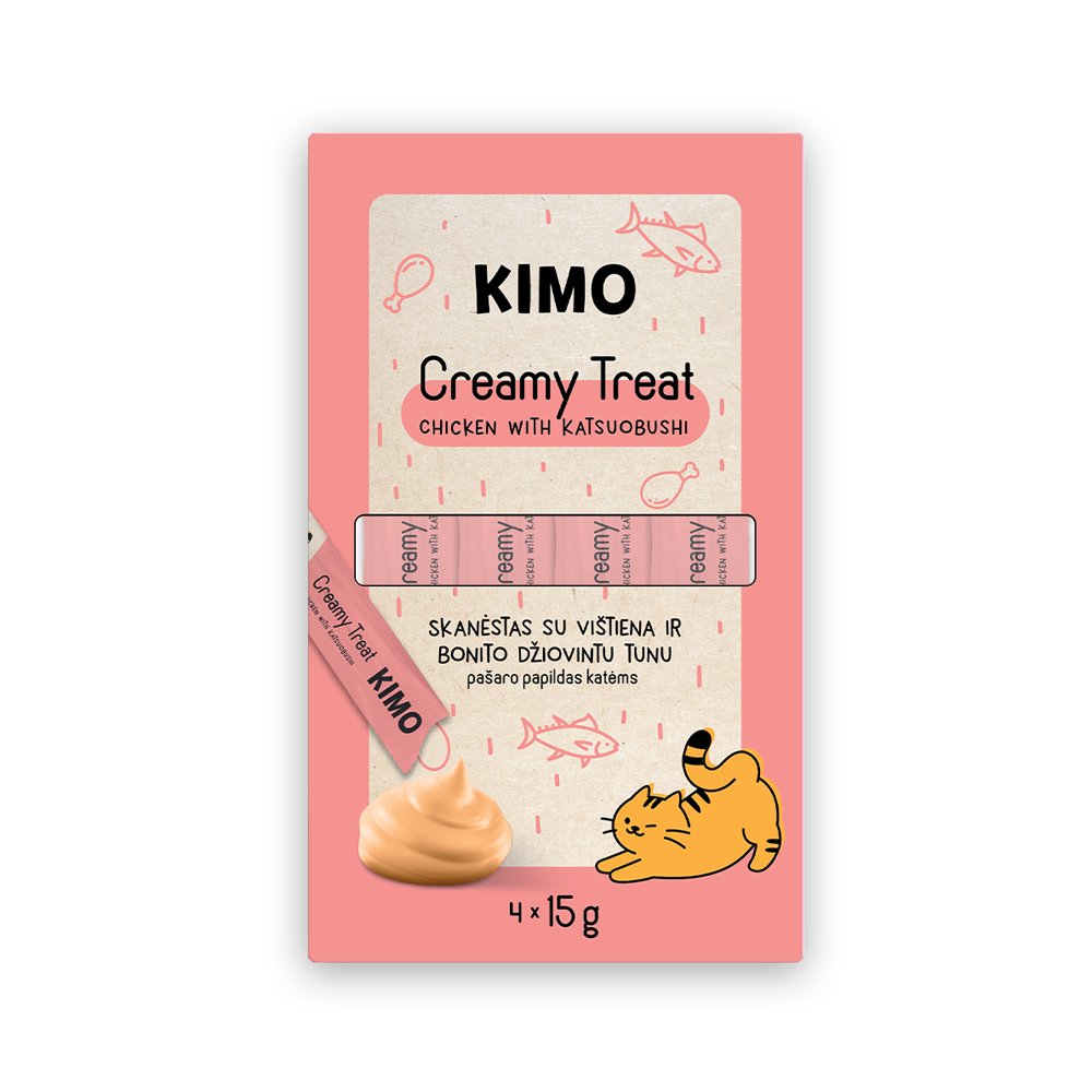 Skanėstas katėms KIMO Creamy Katsuobushi, su vištiena ir tunu, 4 x 15 g-0