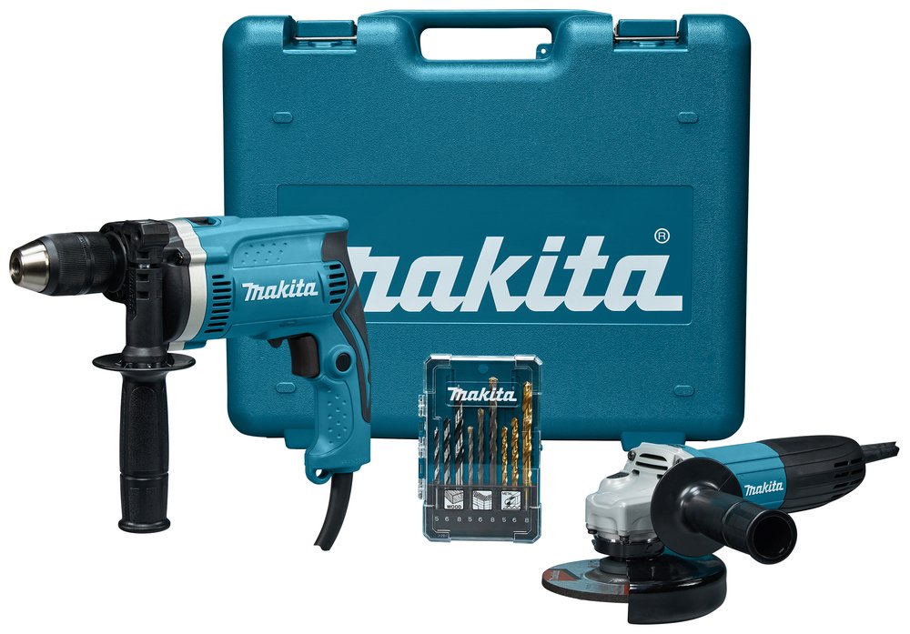Elektrinių įrankių komplektas MAKITA DK0050X1, komplekte HP1631, GA5030R ir grąžtų rinkinys