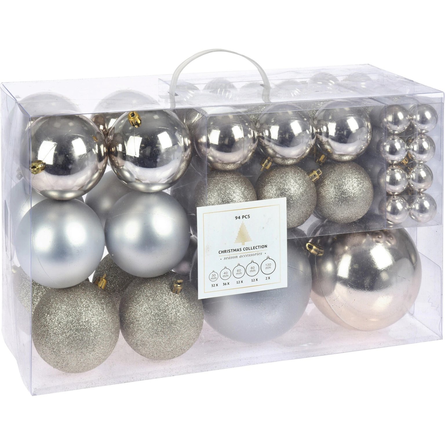 Kalėdinių eglės žaisliukų rinkinys XMAS, sidabrinės/šampaninės sp., 94 vnt.