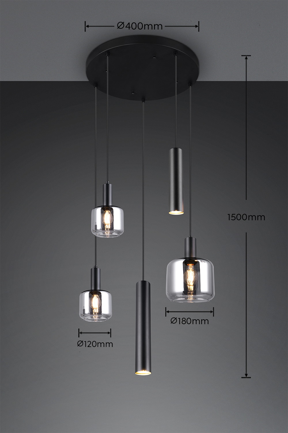 Pakabinamas šviestuvas TRIO MATARO, 1xE27, 2xE14, 2xGU10, metalinis juodos sp Ø40x150cm - 4