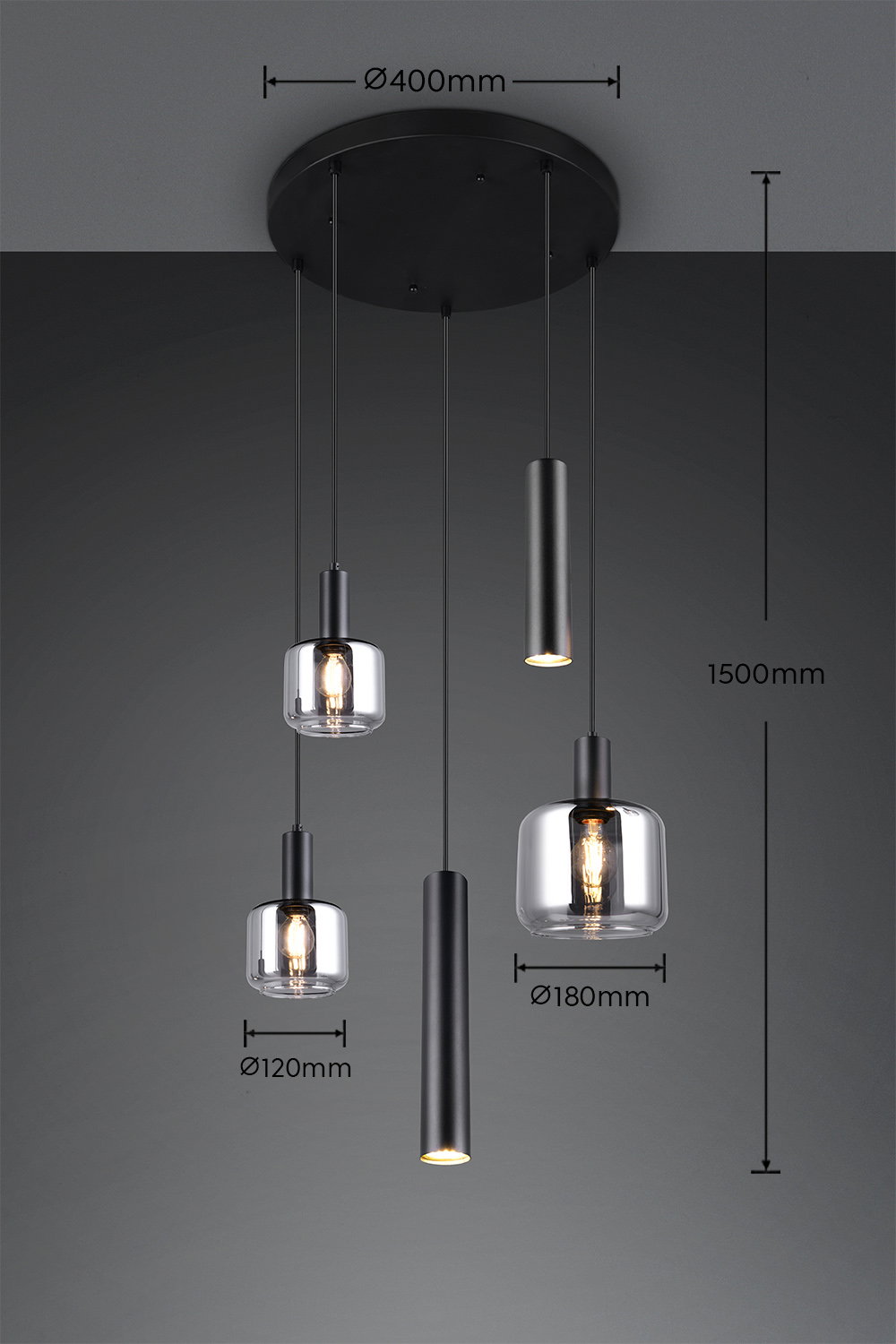 Pakabinamas šviestuvas TRIO MATARO, 1xE27, 2xE14, 2xGU10, metalinis juodos sp Ø40x150cm - 4