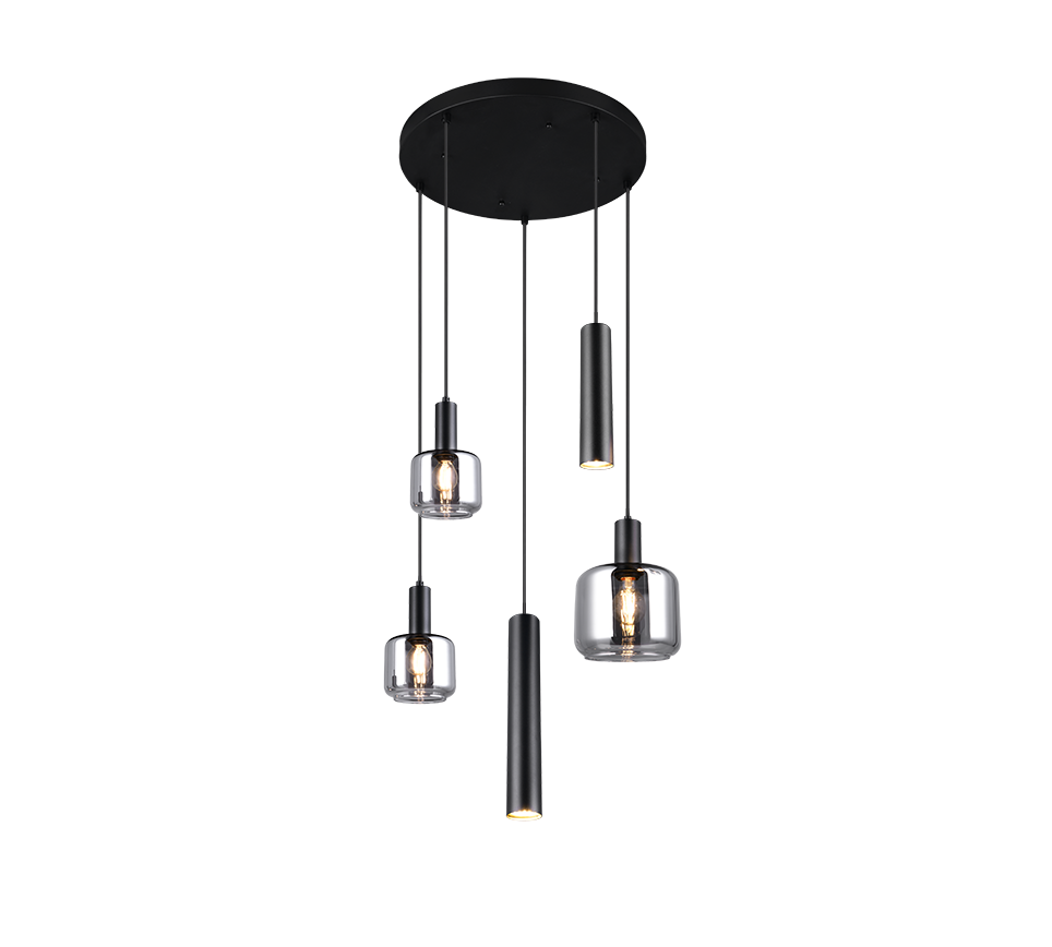 Pakabinamas šviestuvas TRIO MATARO, 1xE27, 2xE14, 2xGU10, metalinis juodos sp Ø40x150cm-0