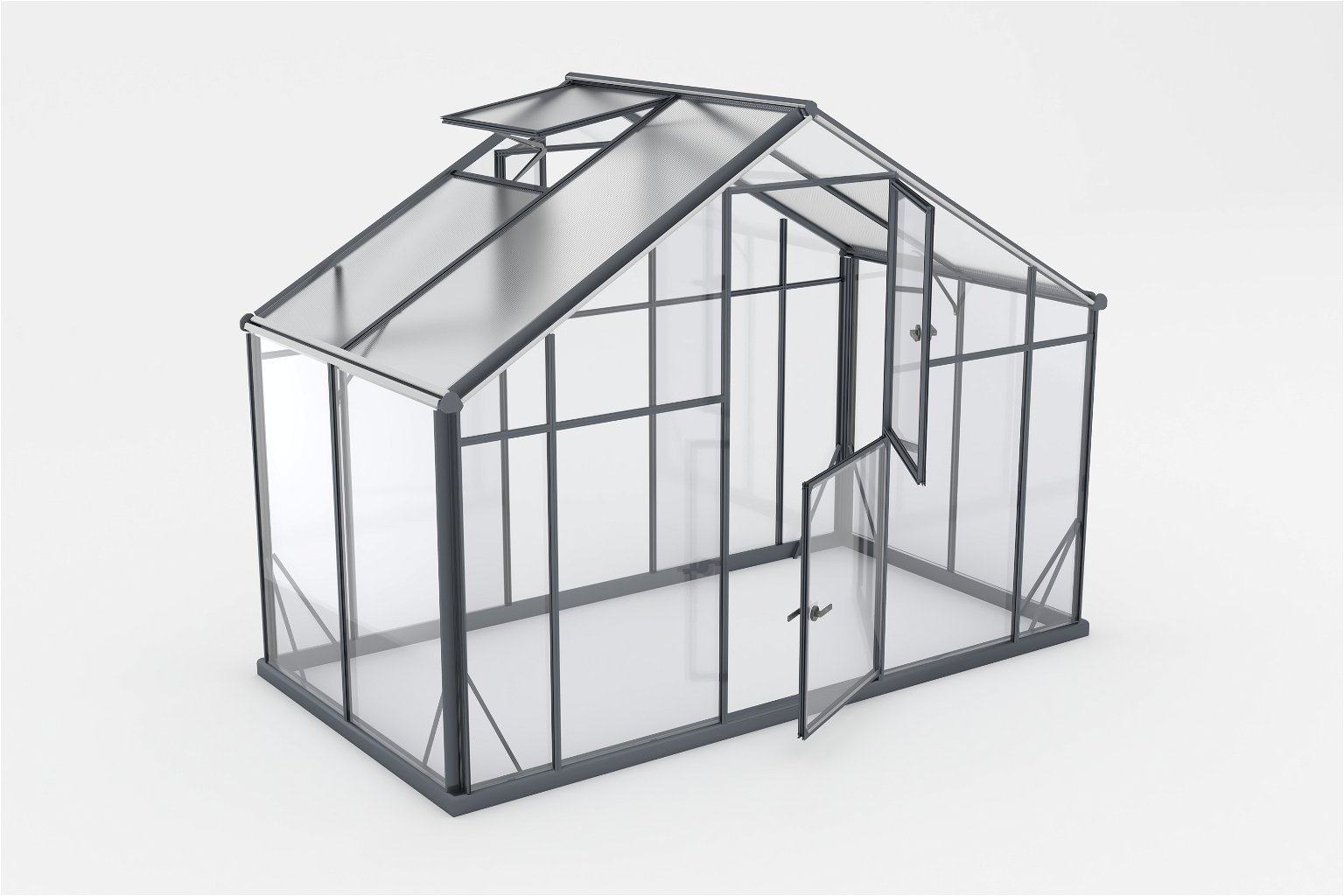 Šiltnamis SANUS HYBRID XL-4 (2,90x1,50m) RAL7016, 4mm grūdinto stiklo sienos, 6mm polikarbonato stogas