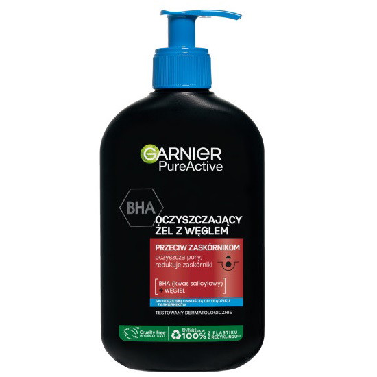 Valomasis veido gelis nuo juodųjų taškelių Garnier Pure Active su BHA rūgštimi ir anglimi, 250 ml