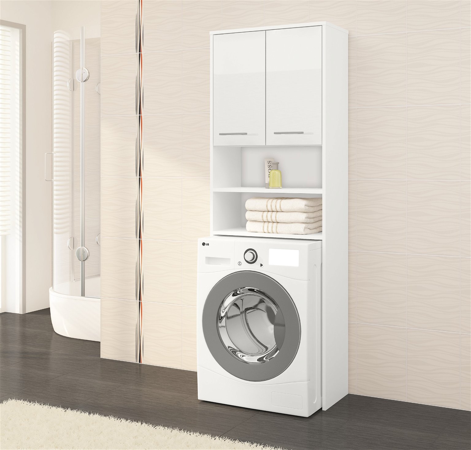 Pastatoma vonios spintelė virš skalbimo mašinos FIN 2D, 60 cm, balta blizgi - 4