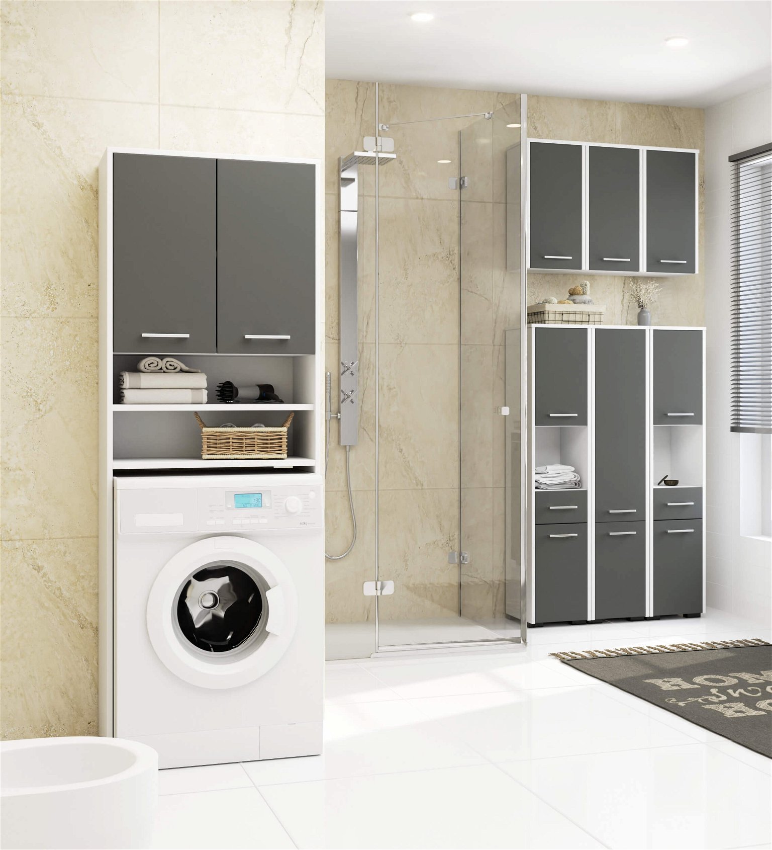 Pastatoma vonios spintelė virš skalbimo mašinos FIN 2D, 60 cm, balta/pilka grafito - 4