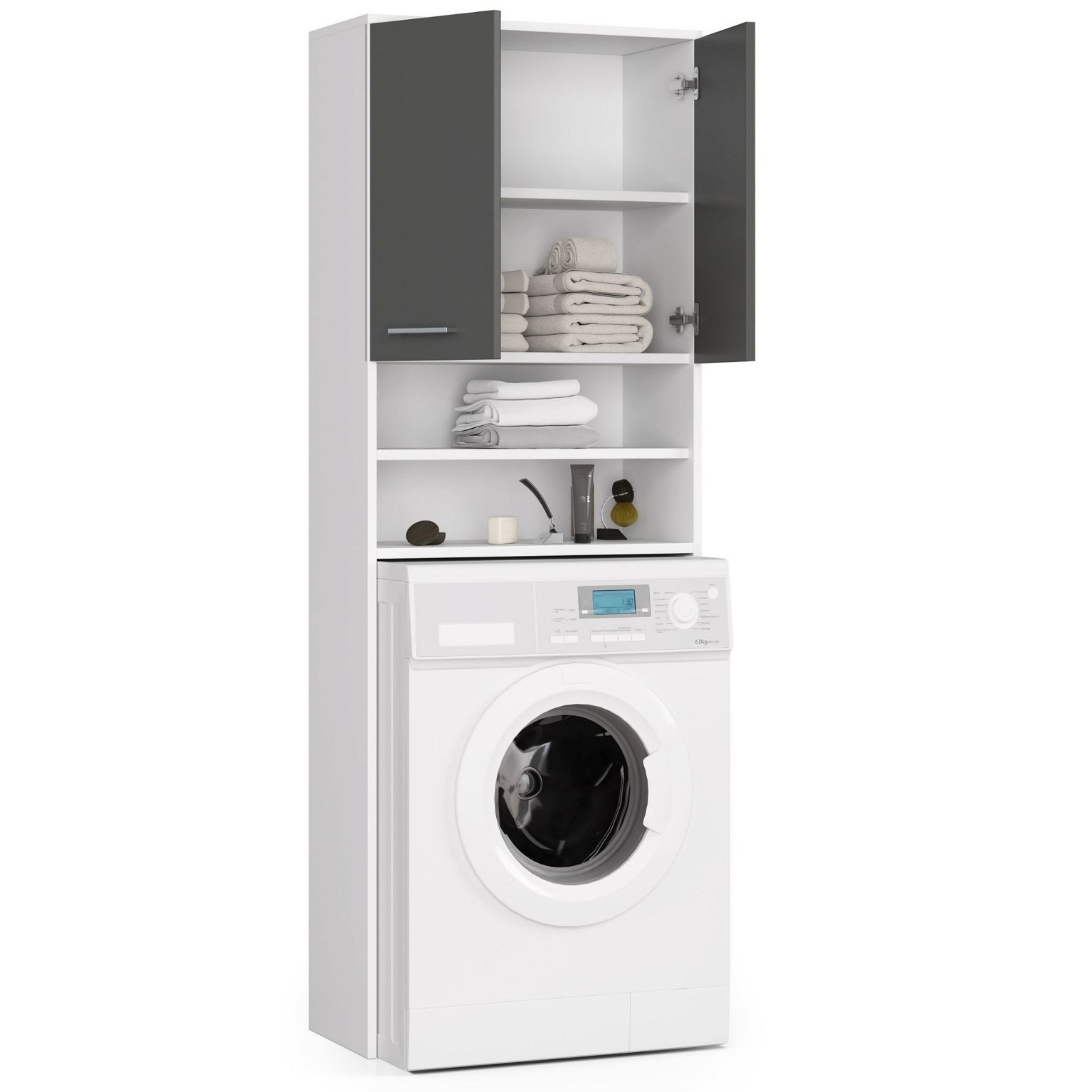 Pastatoma vonios spintelė virš skalbimo mašinos FIN 2D, 60 cm, balta/pilka grafito - 2