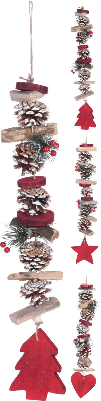 Pakabinama kalėdinė dekoracija PINECONE, raudonos/smėlio sp., 3 rūšys, 55 cm