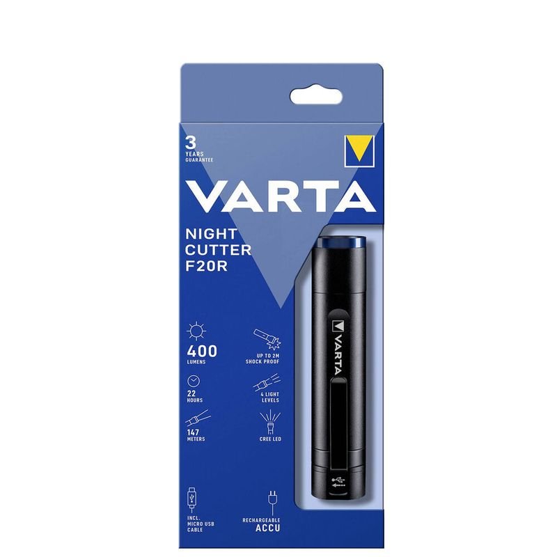 LED pakraunamas žibintuvėlis VARTA Night Cutter, 5W, 400 lm, pakraunamas USB, šviečia iki 22 val