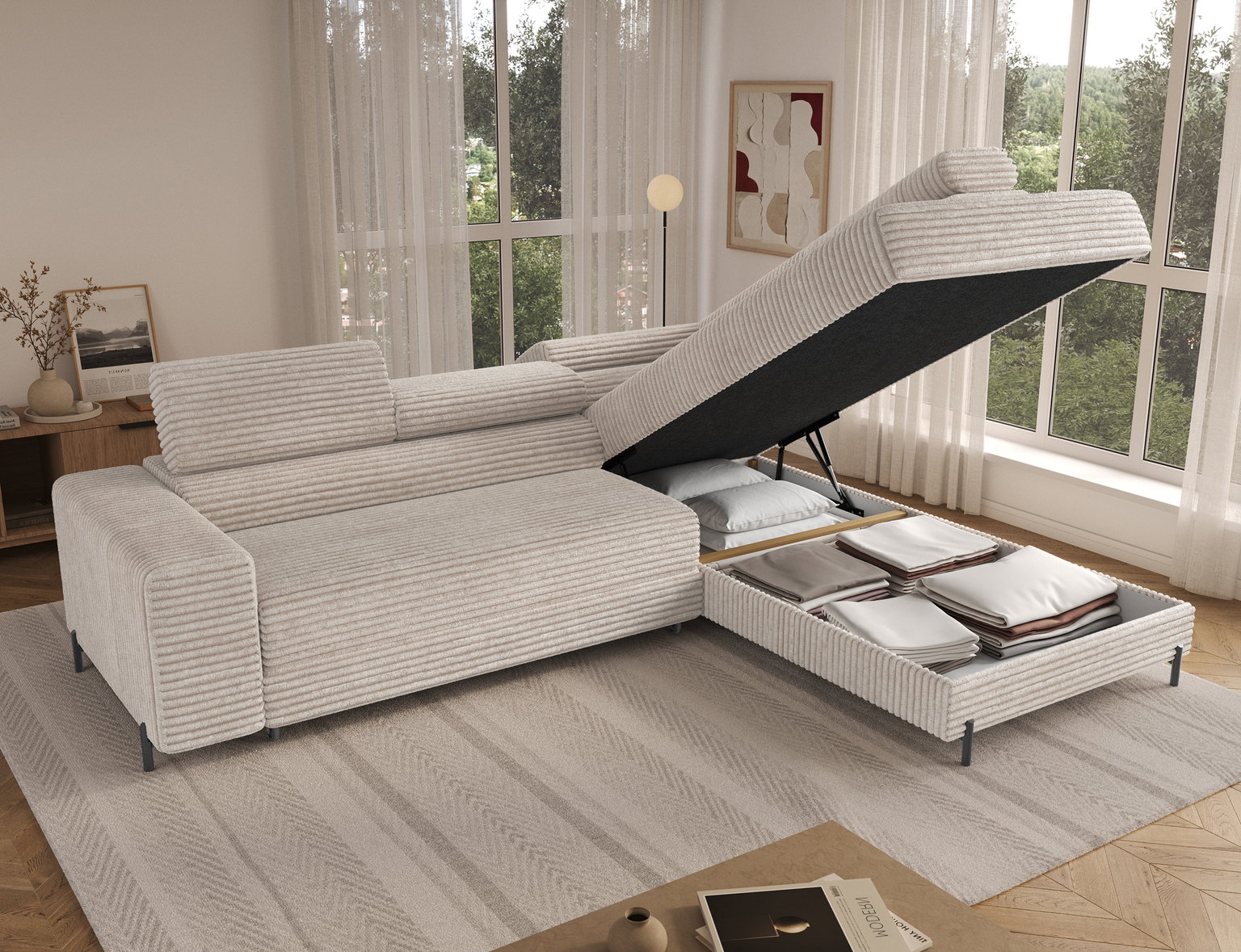 Kampinė sofa - lova Colesio, balta sp., dešininė, 200 x 274 cm x 93 cm - 7