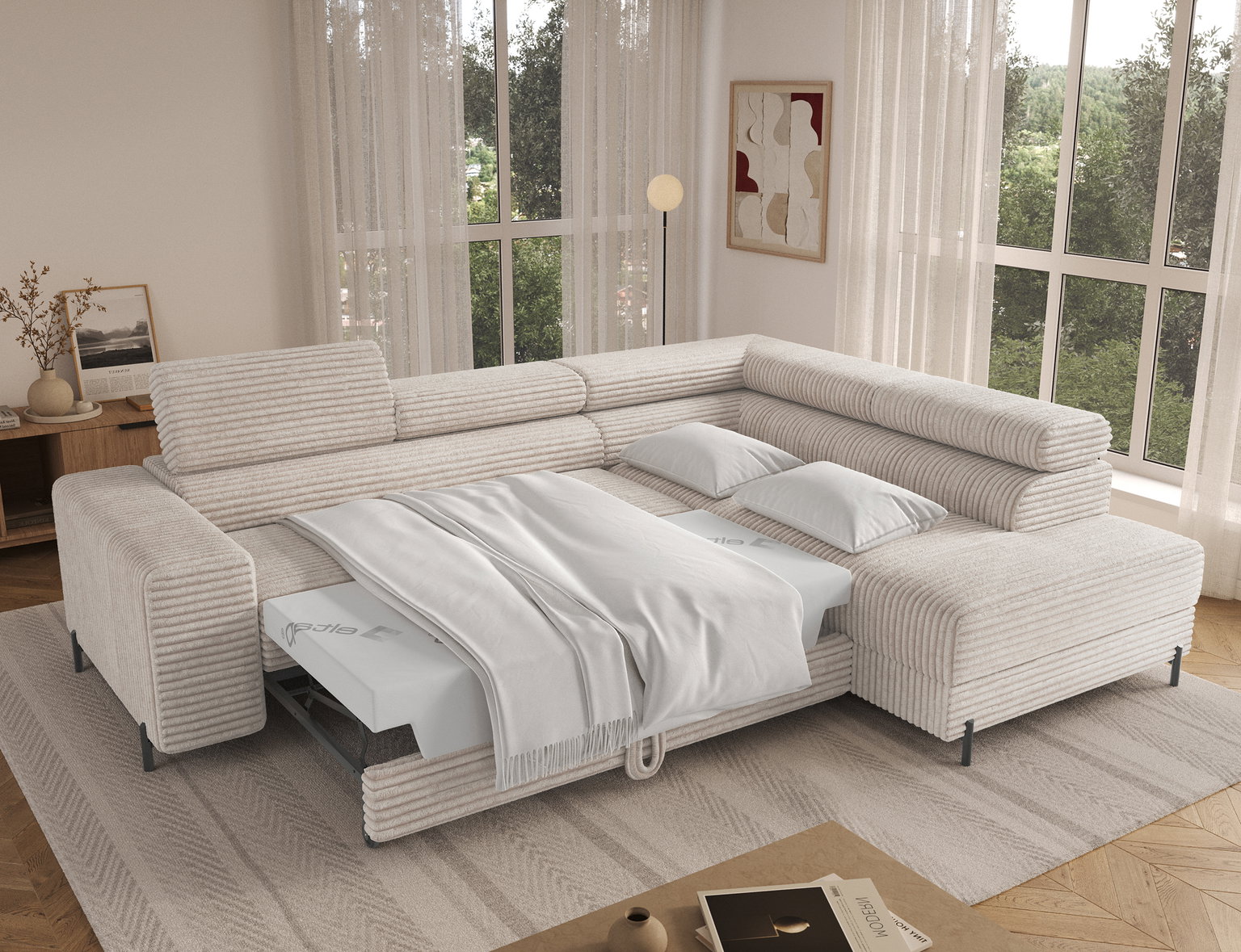 Kampinė sofa - lova Colesio, balta sp., dešininė, 200 x 274 cm x 93 cm - 6