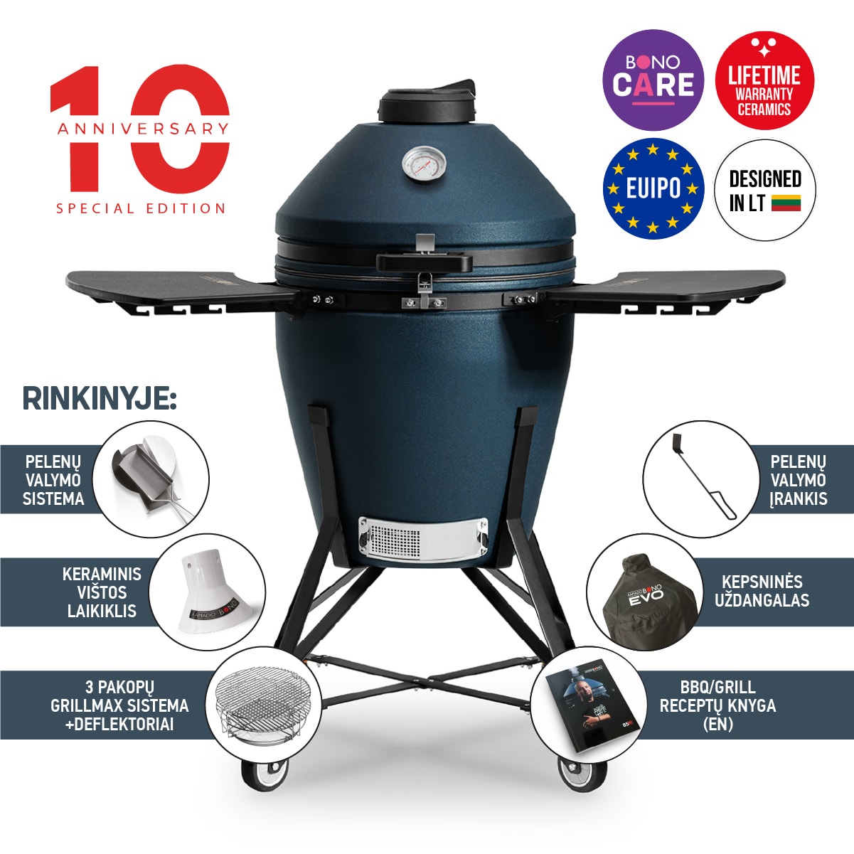 Keraminė kepsninė KAMADO BONO MEDIA EVO, 22", 56 cm, mėlynos sp.-0