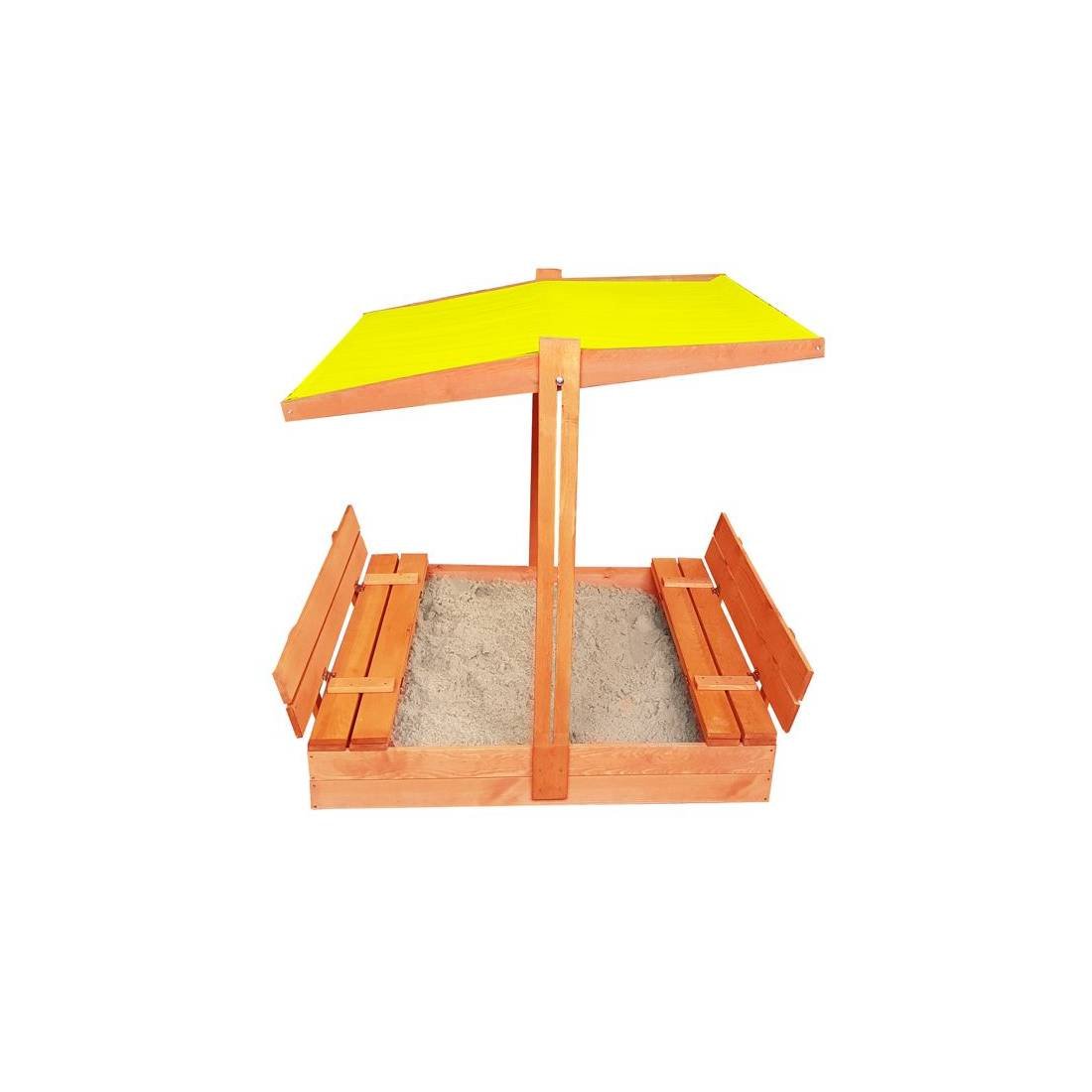 Impregnuota medinė smėlio dėžė su geltonos spalvos stogeliu ir 250 kg smėlio, 120x120 cm