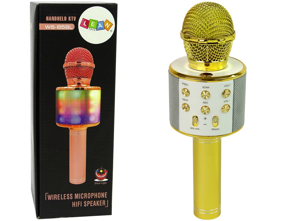 Belaidis karaoke mikrofonas su garsiakalbiais ir įrašymo funkcija WS-858, auksinis