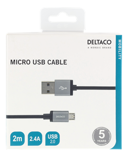 USB kabelis DELTACO MICRO-113F, pintas, USB-A ma - USB Micro B ma, 2m, 2.4A, USB 2.0 - 1