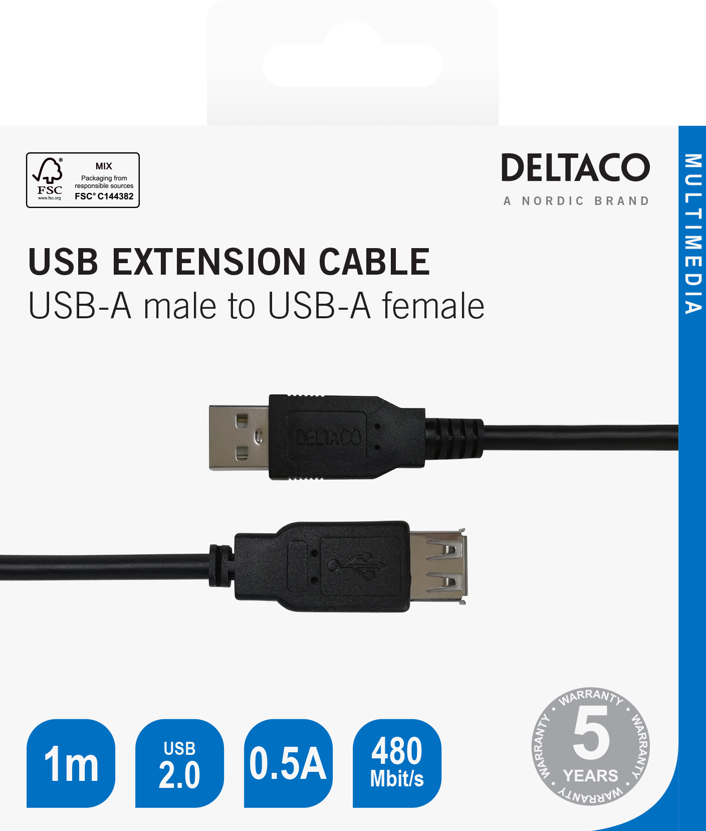 USB Prailginimo kabelis DELTACO USB-A male - USB-A female, 1m, juodas - 3