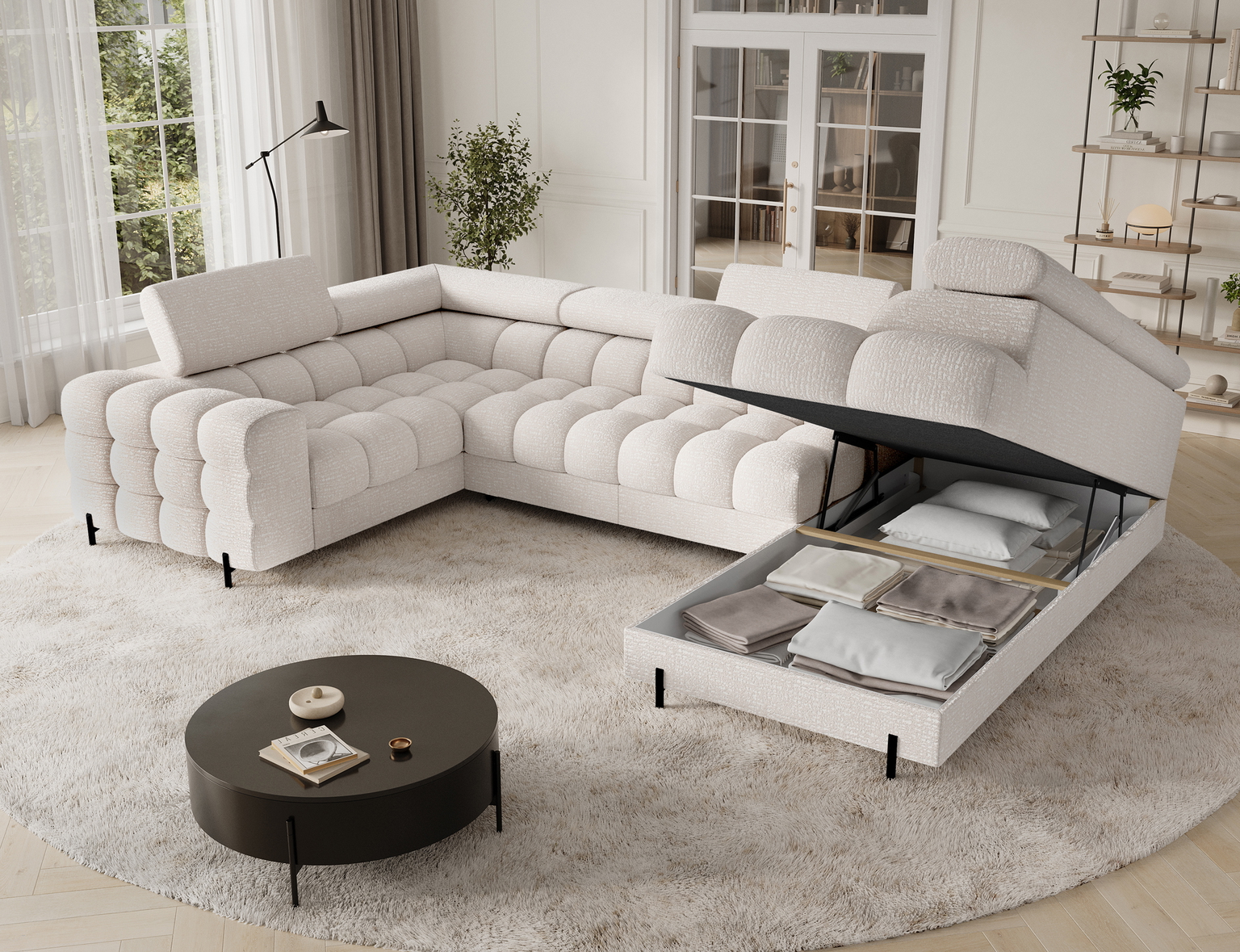 Kampinė sofa - lova Fectory, šviesiai smėlinė, 346 x 205 cm x 93 cm - 6