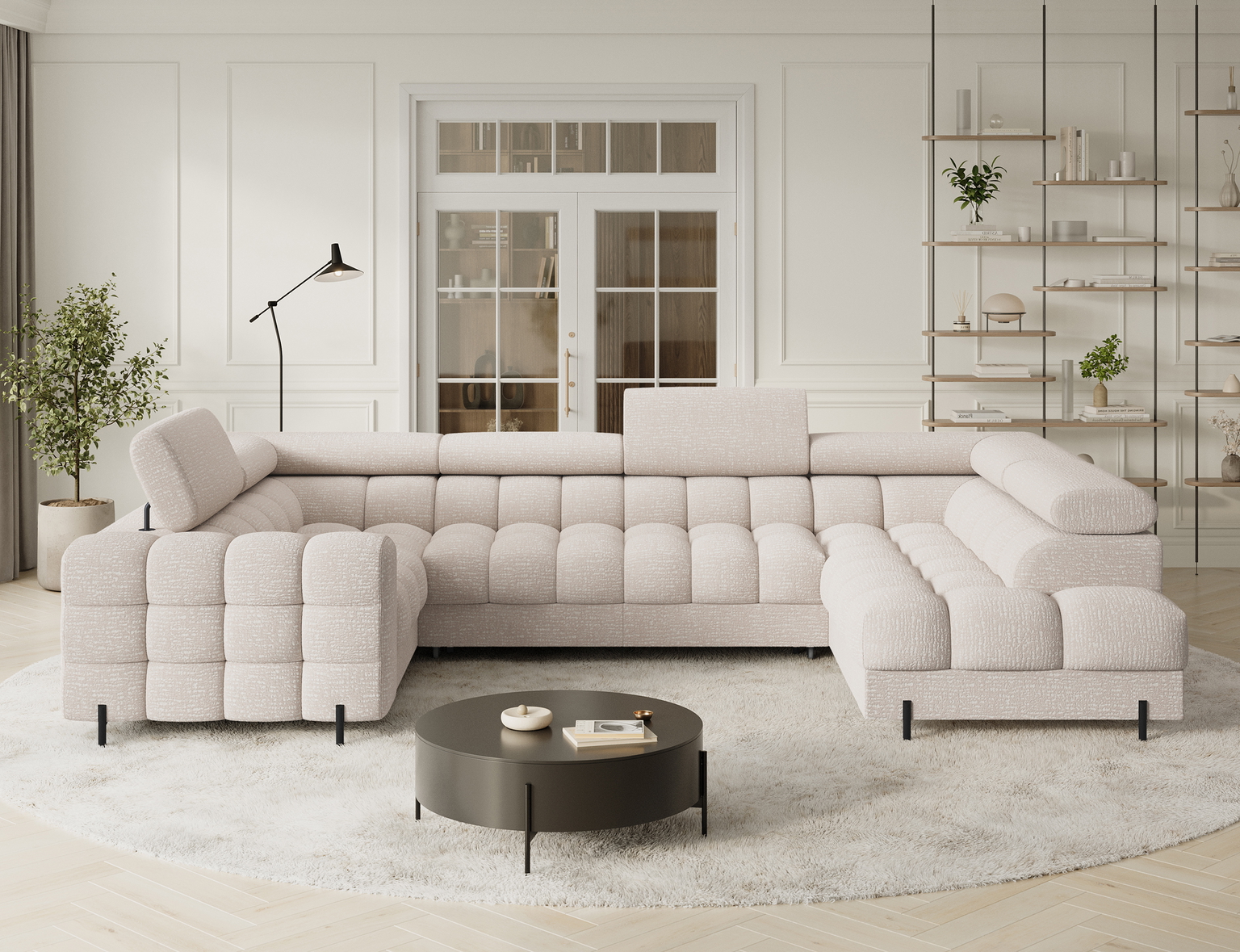 Kampinė sofa - lova Fectory, šviesiai smėlinė, 346 x 205 cm x 93 cm-1
