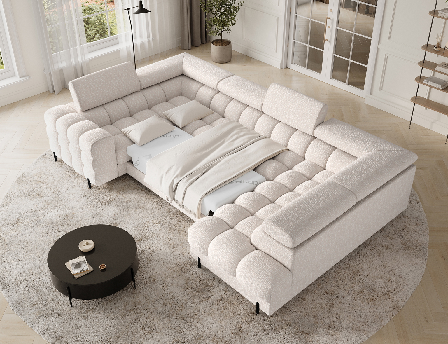 Kampinė sofa - lova Fectory, šviesiai smėlinė, 346 x 205 cm x 93 cm - 5