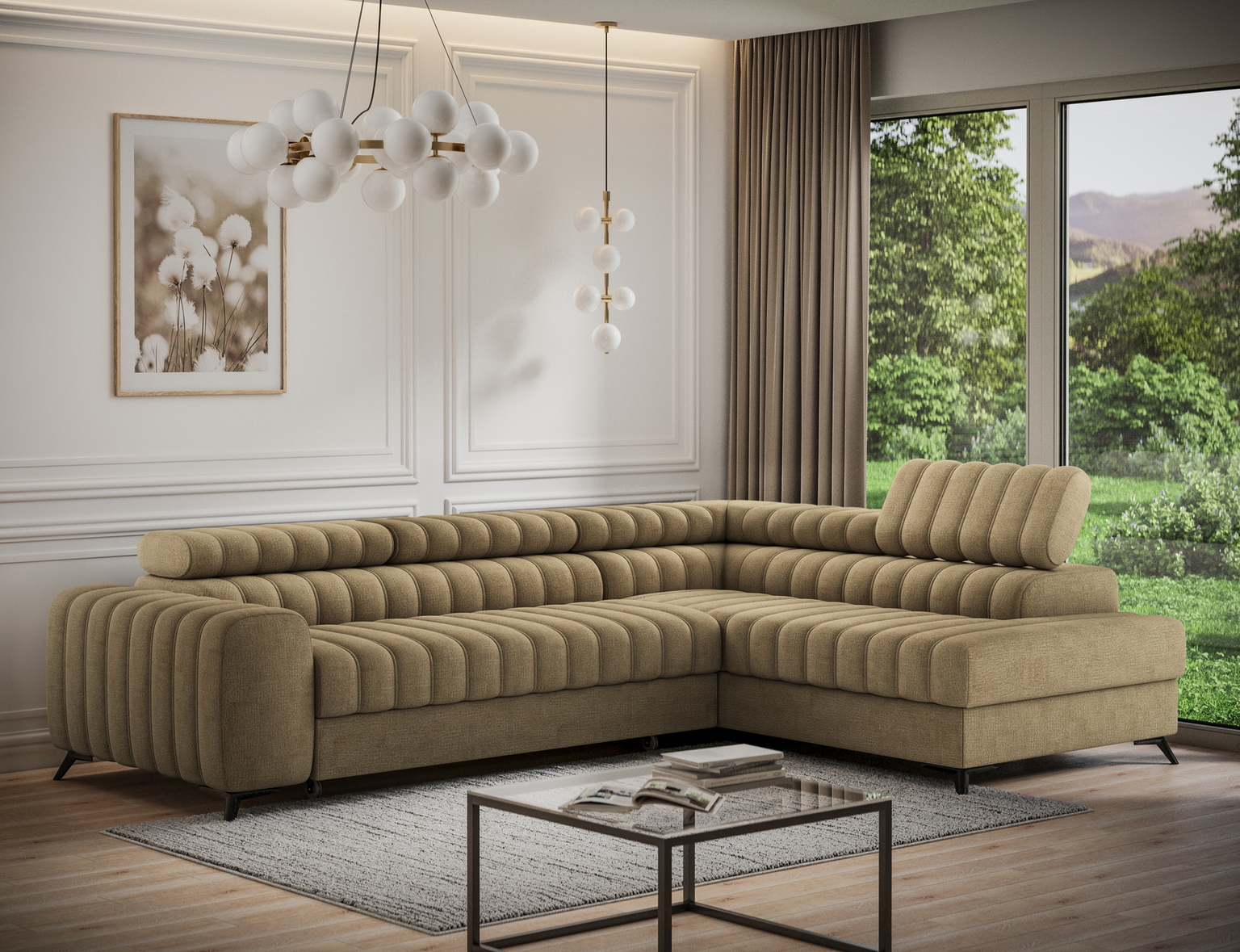 Kampinė sofa - lova Kanedo Nube 20, šviesiai ruda sp., dešininė, 204 x 269 cm x 86 cm - 5