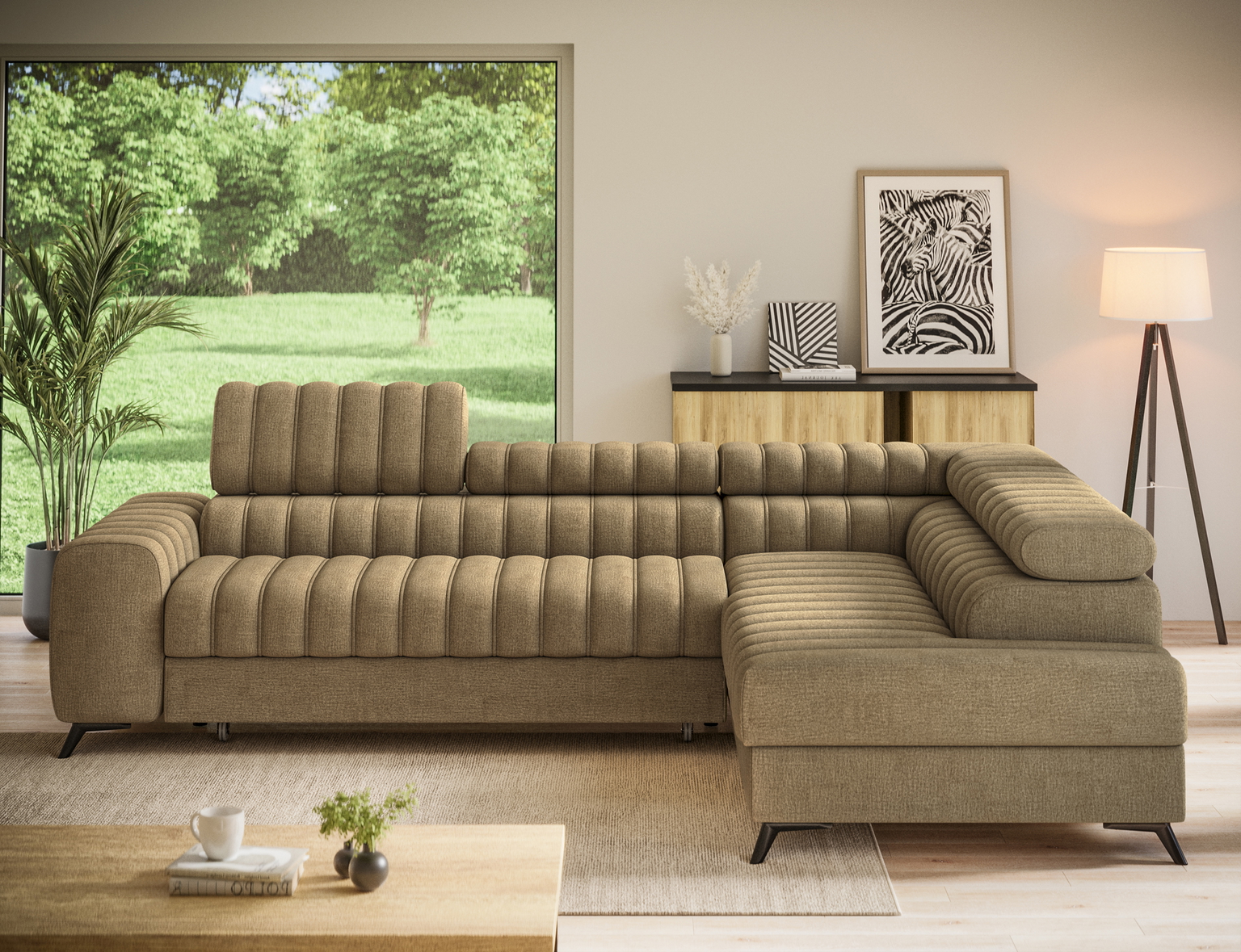 Kampinė sofa - lova Kanedo Nube 20, šviesiai ruda sp., dešininė, 204 x 269 cm x 86 cm-1