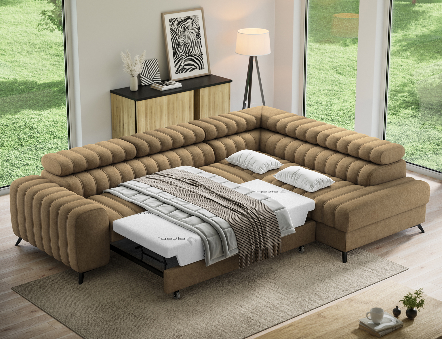 Kampinė sofa - lova Kanedo Nube 20, šviesiai ruda sp., dešininė, 204 x 269 cm x 86 cm - 6