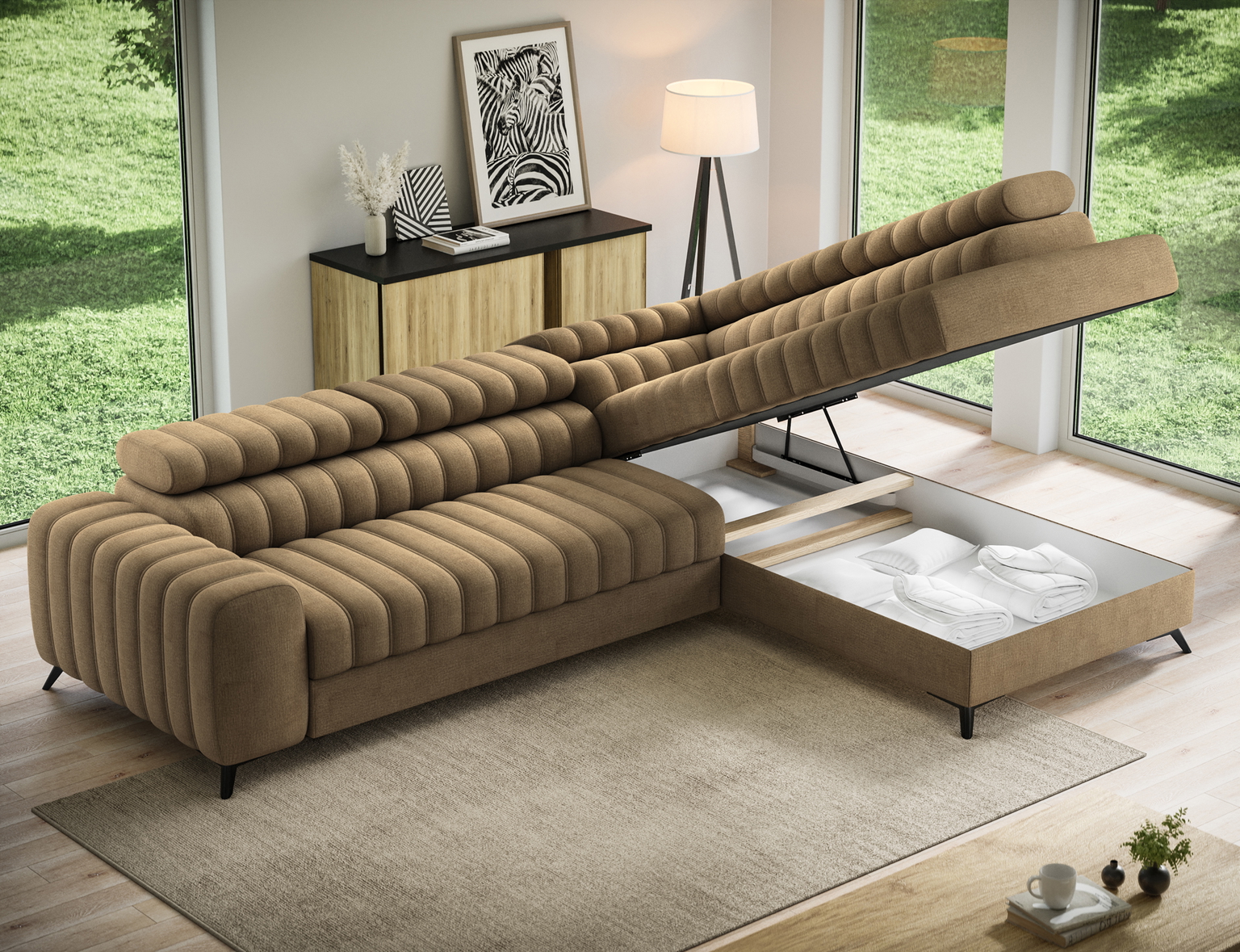 Kampinė sofa - lova Kanedo Nube 20, šviesiai ruda sp., dešininė, 204 x 269 cm x 86 cm - 7