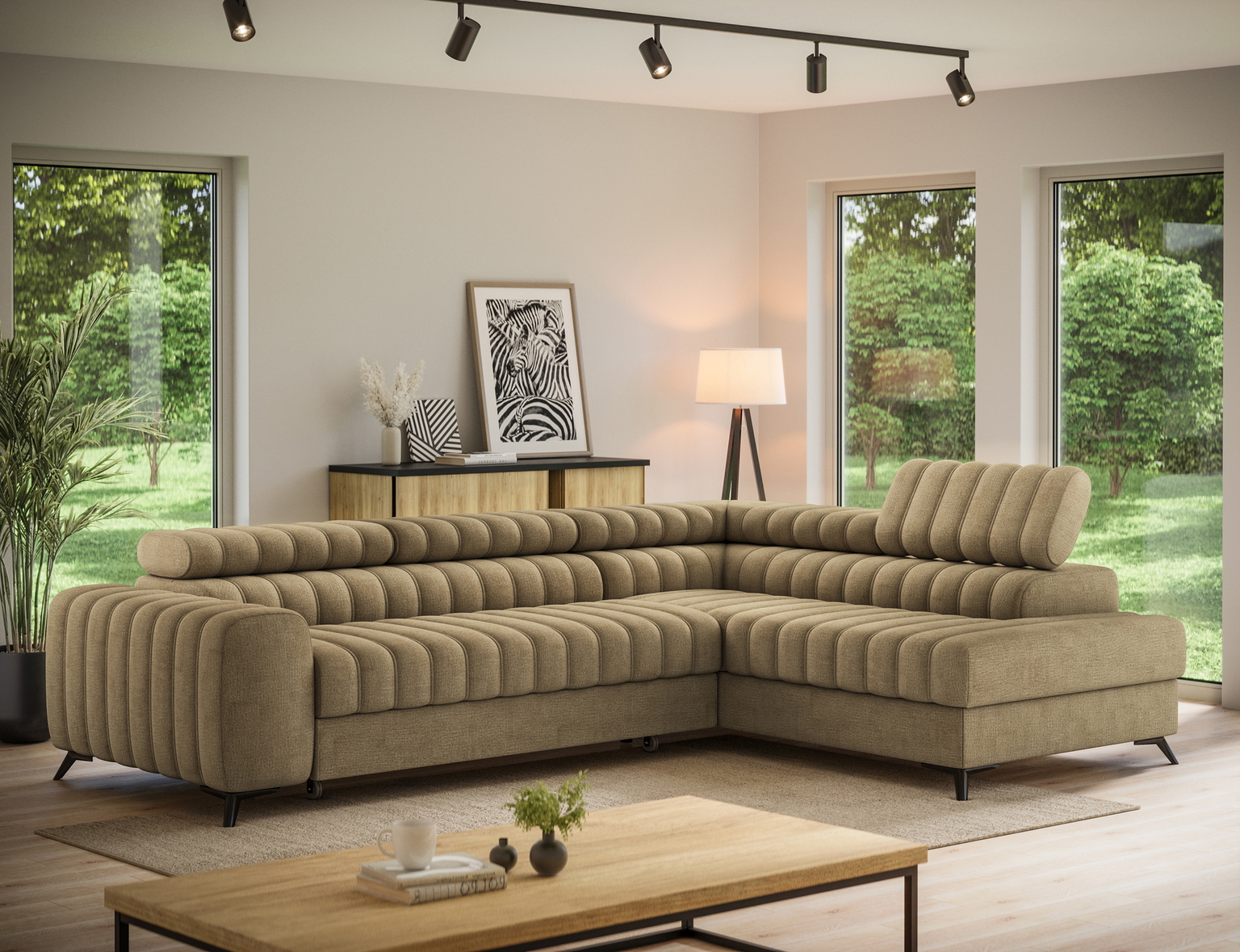 Kampinė sofa - lova Kanedo Nube 20, šviesiai ruda sp., dešininė, 204 x 269 cm x 86 cm - 4