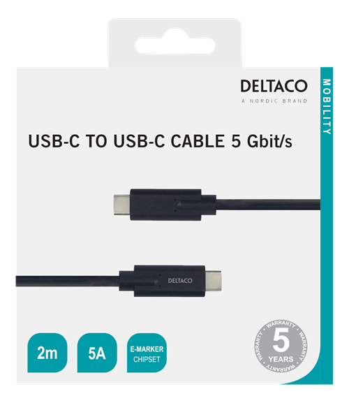 Kabelis DELTACO USBC-1503M USB-C - USB-C, 5Gbit/s, 5A, 2M, juodas