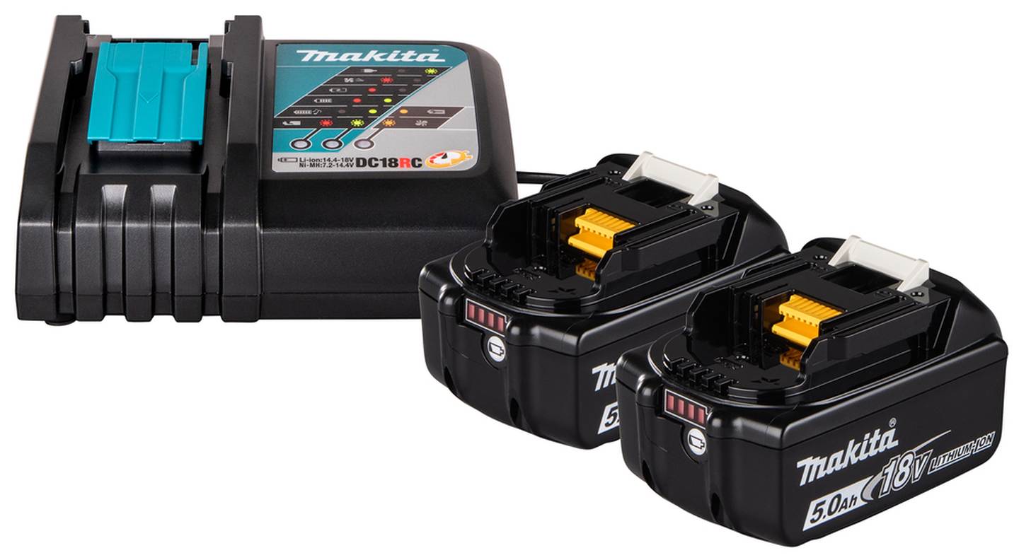 Akumuliatorių ir kroviklio rinkinys MAKITA, 18 V, 2 x 5,0 Ah Li-ion, 2 x BL1850B ir DC18RC-0