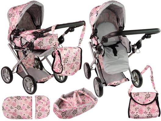 Lėlių vežimėlis 2in1, rožinė gėlėta - 3