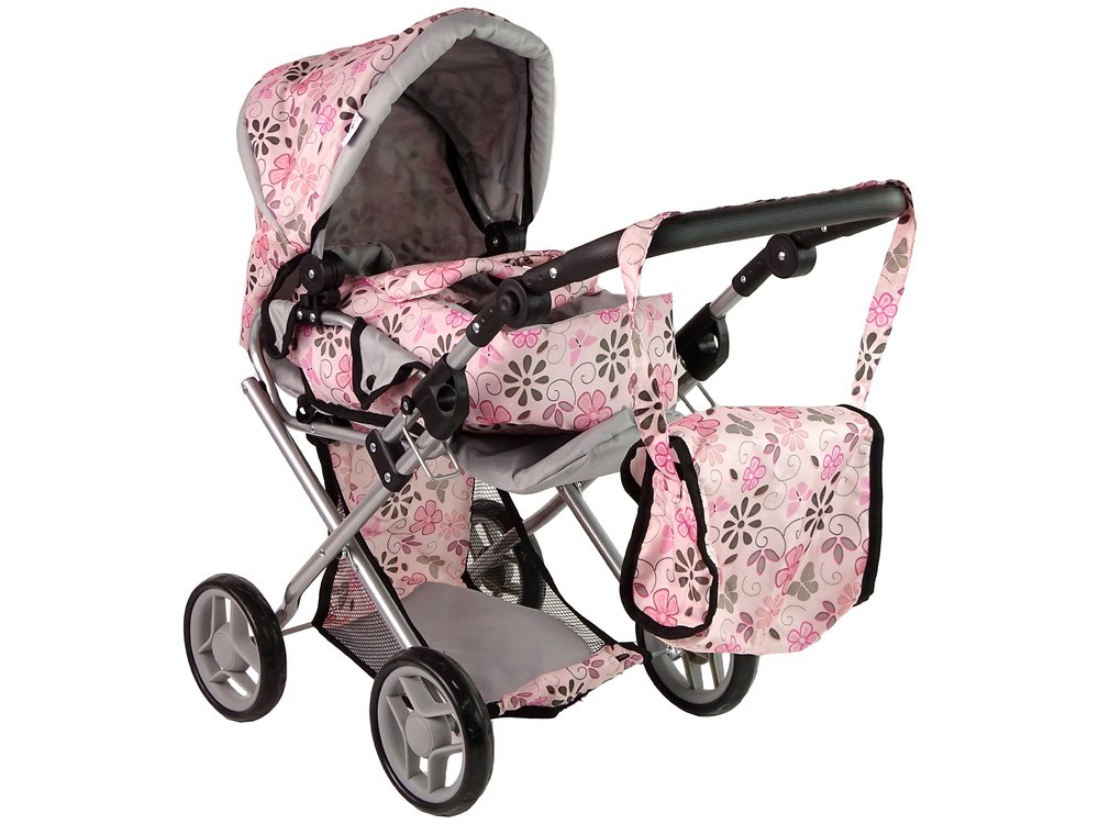 Lėlių vežimėlis 2in1, rožinė gėlėta - 8